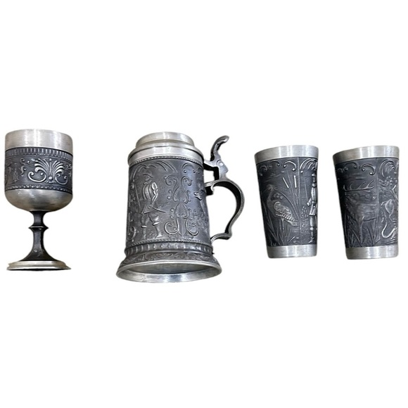 Vtg. Ha ha rein zinn german pewter hunting scene Drinkware Set marked - Picture 1 of 15